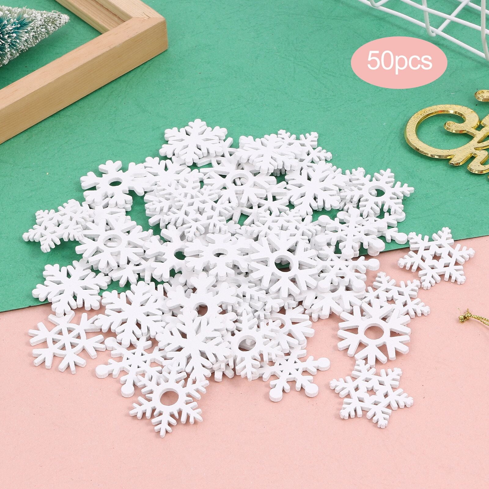 50PCS Mix Shape Wooden White Snowflakes Christmas Decorations Xmas Ornaments 