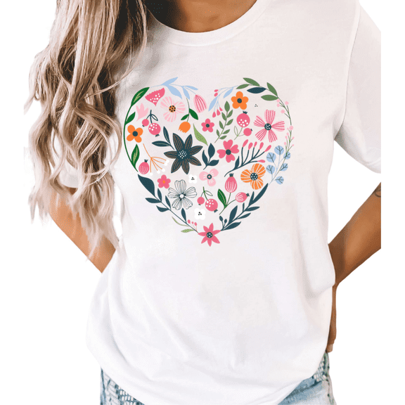 UNISHE Women's Floral Heart Graphic White Short Sleeve T-Shirt Casual Cotton Crewneck Top