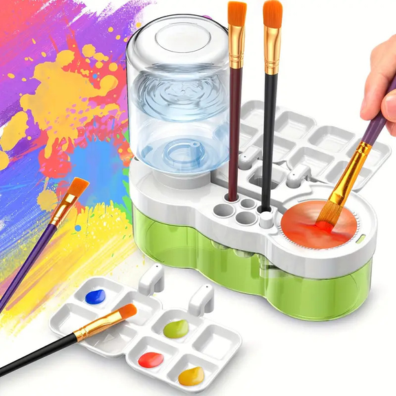 Water Powered Paint Brush Cleaner, Upgraded Spinning Brush Washer with Palette & Brush Holder for Artists, Kids, Beginners(XX-Green)