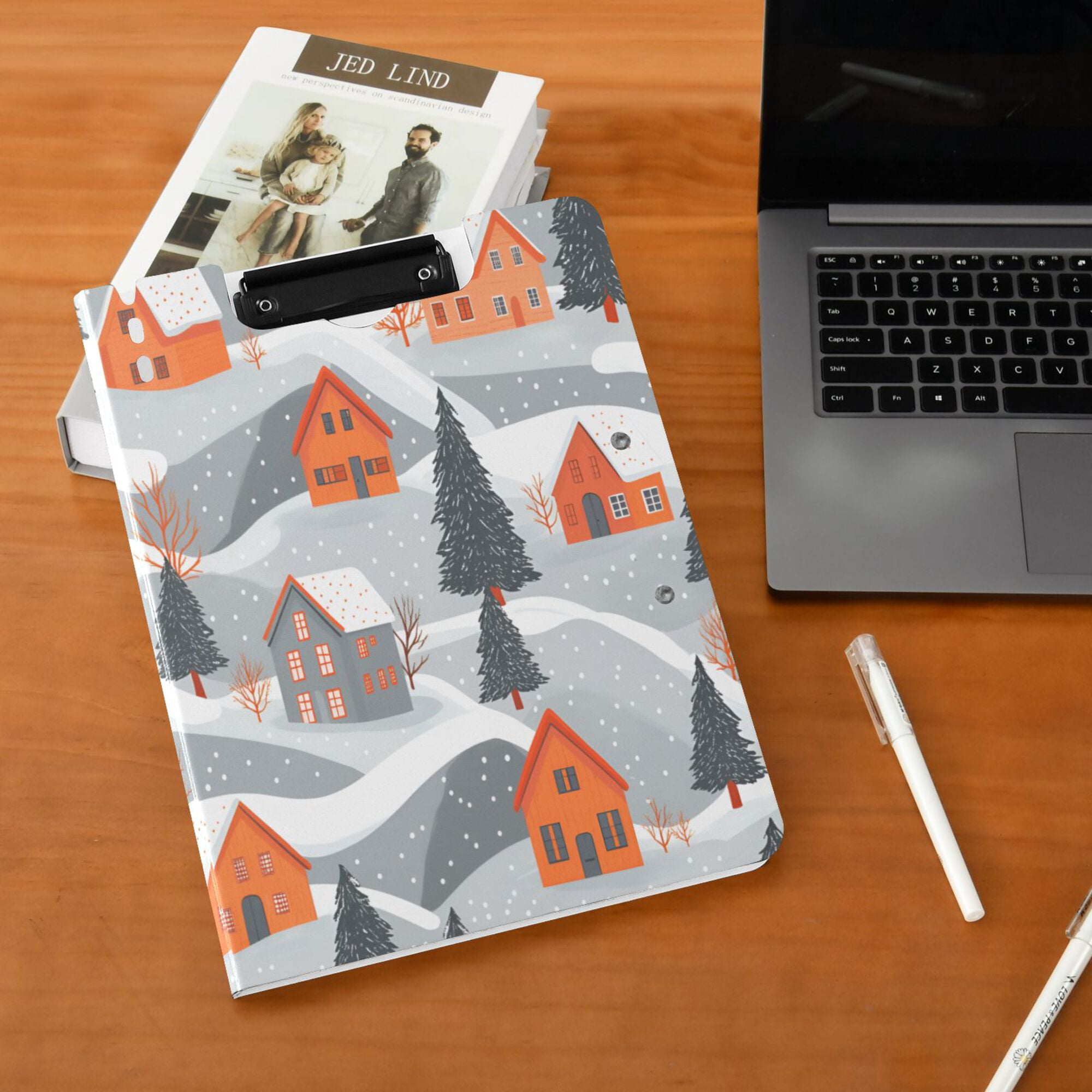 FORMRS A4 Clipboard Folder with Pen Holder Horizontal Foldable School Office Binder, Gray Snow Houses