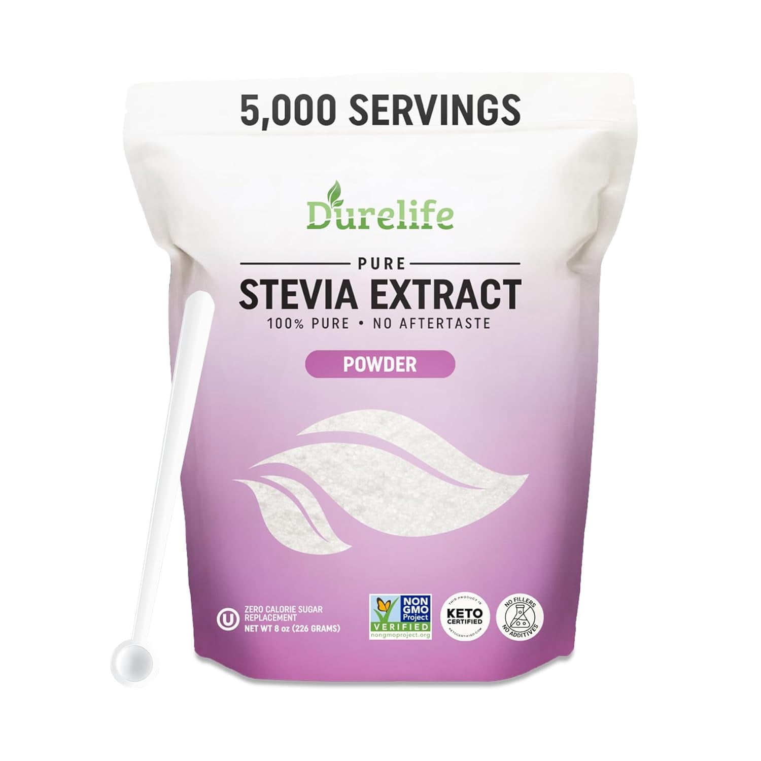 Durelife 100% Pure stevia extract sweetener 8 oz | No Erythritol, NON-GMO Project Verified, No Fillers, Zero Calorie Sugar Substitute | No Aftertaste | 8 oz