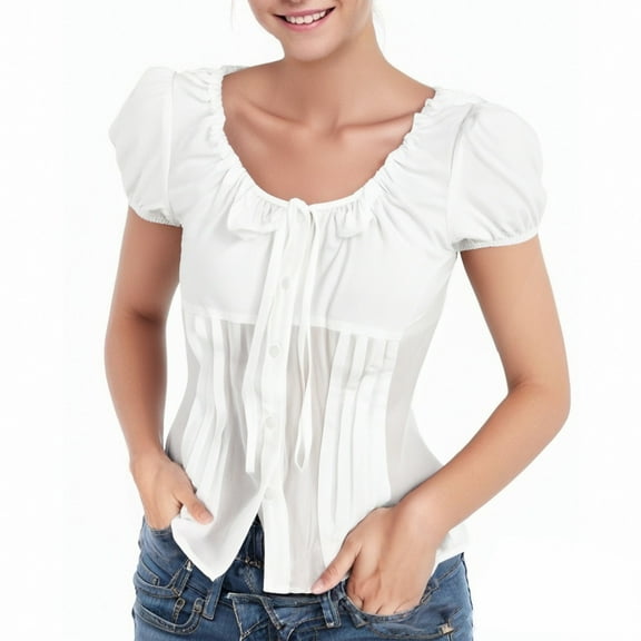 LIUJUNSHOP Women's Plus Size Puff Short Sleeve Button Down Shirts Lace Flare Hem Blouse Top