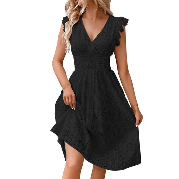 Summer Dresses for Women V-Neck Ruffle Sleeve Eyelet Dress Smocked Waist Flowy A-Line Beach Sundress Black 2XL
