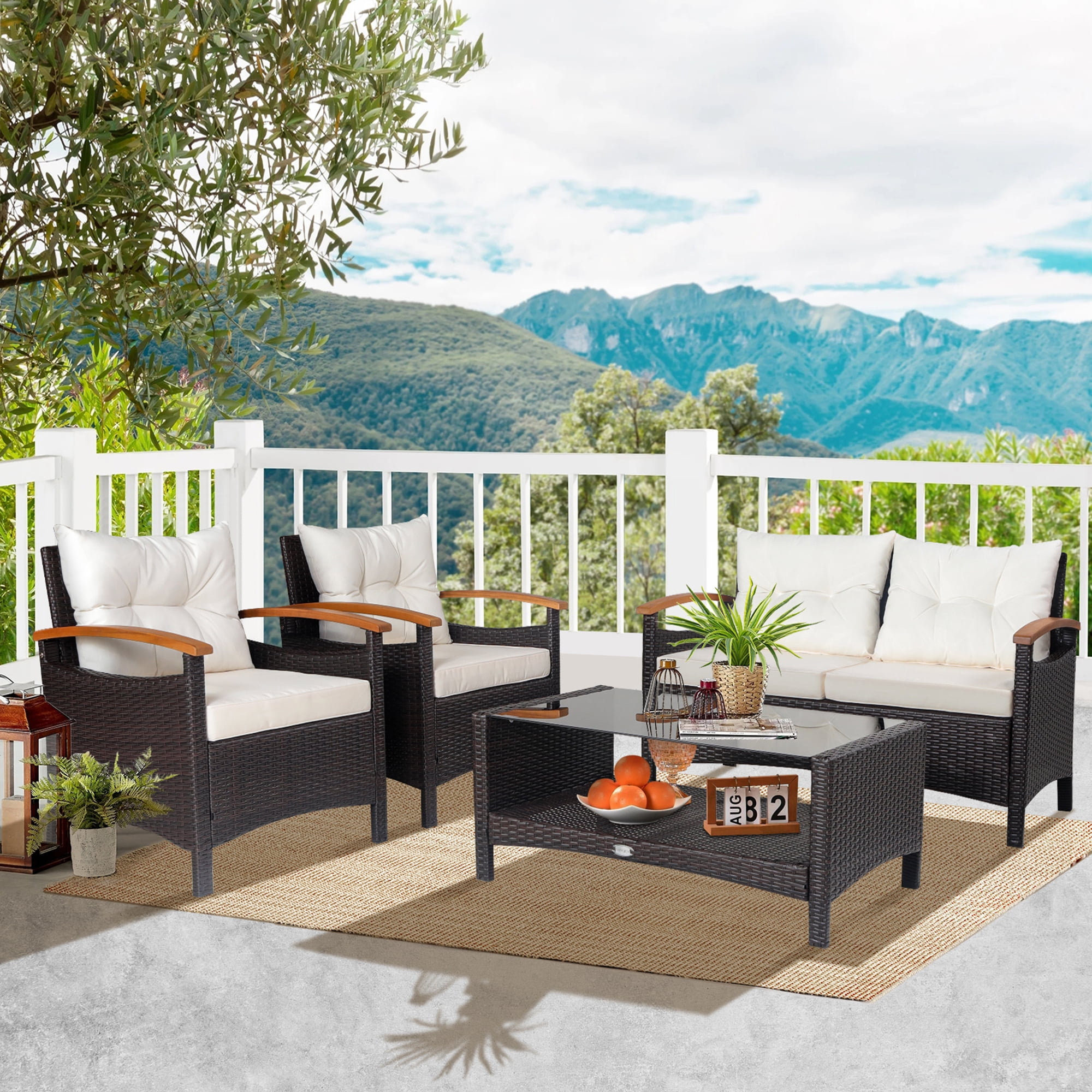 Gymax 4PCS Patio Conversation Set Rattan Sofa Furniture Set w/ Off White Cushions