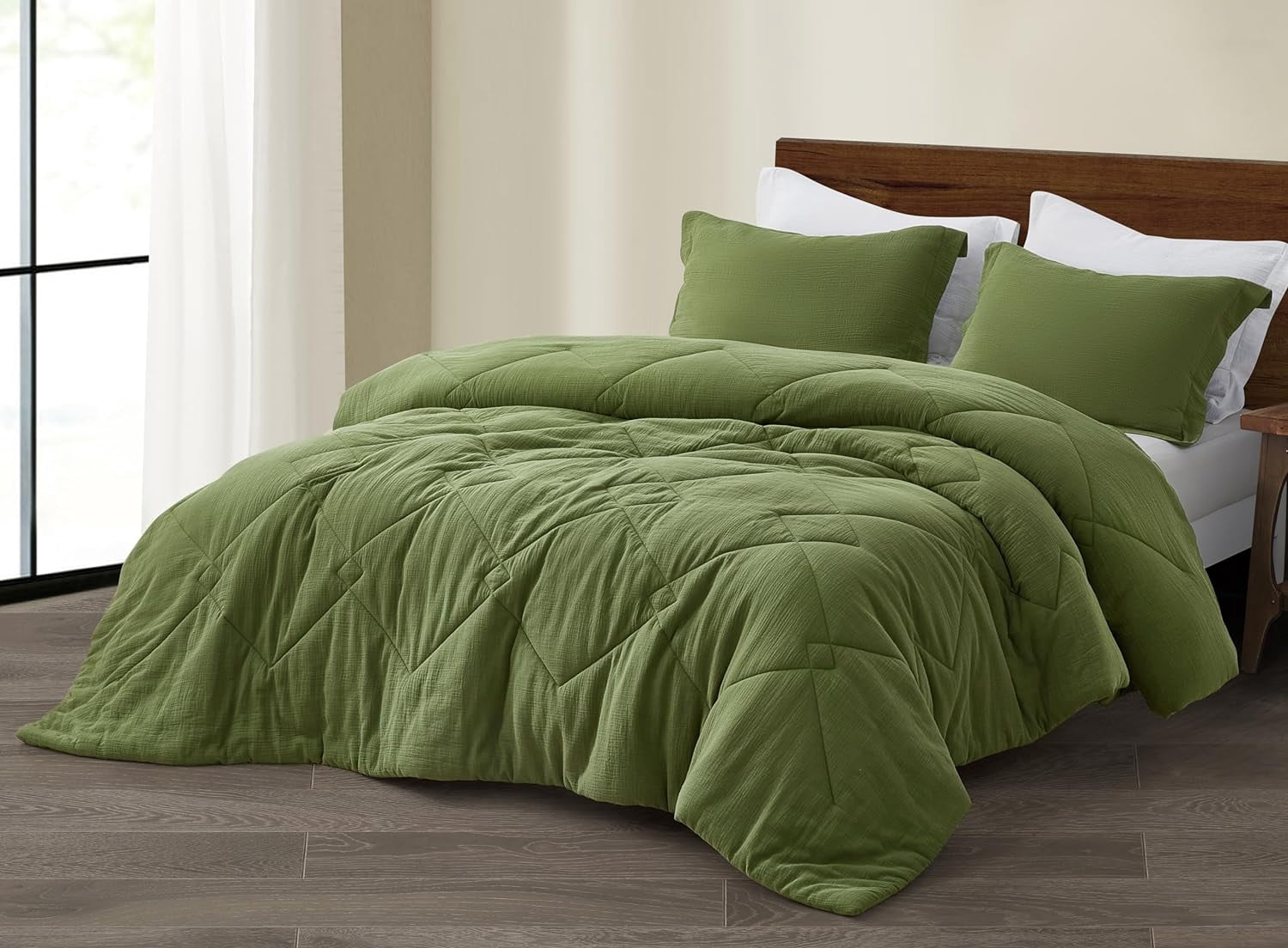 Chezmoi Collection Skye 3-Piece 100% Cotton Muslin Thin Comforter Set Queen, Olive Green Reversible Soft Washed Cotton Gauze Breathable Lightweight Summer Blanket