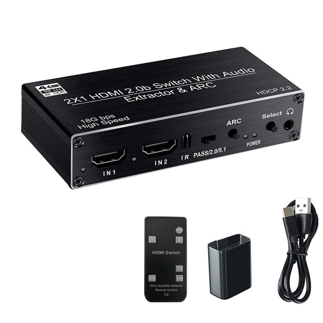 2x1 HDMI Switch Audio Extractor with R/L+Toslink SPDIF+COAXIAL Audio Out Adapter by TAPDRA, shown in a black rectangular design with labeled ports for IN1, IN2, ARC, and power. Includes a remote control, USB power cable, and power adapter. Supports 4K@60Hz resolution, HDMI2.0, HDCP2.2, and audio extraction for Toslink, coaxial, and L/R outputs. Ideal for connecting two HDMI sources to one display with audio separation and ARC functionality.