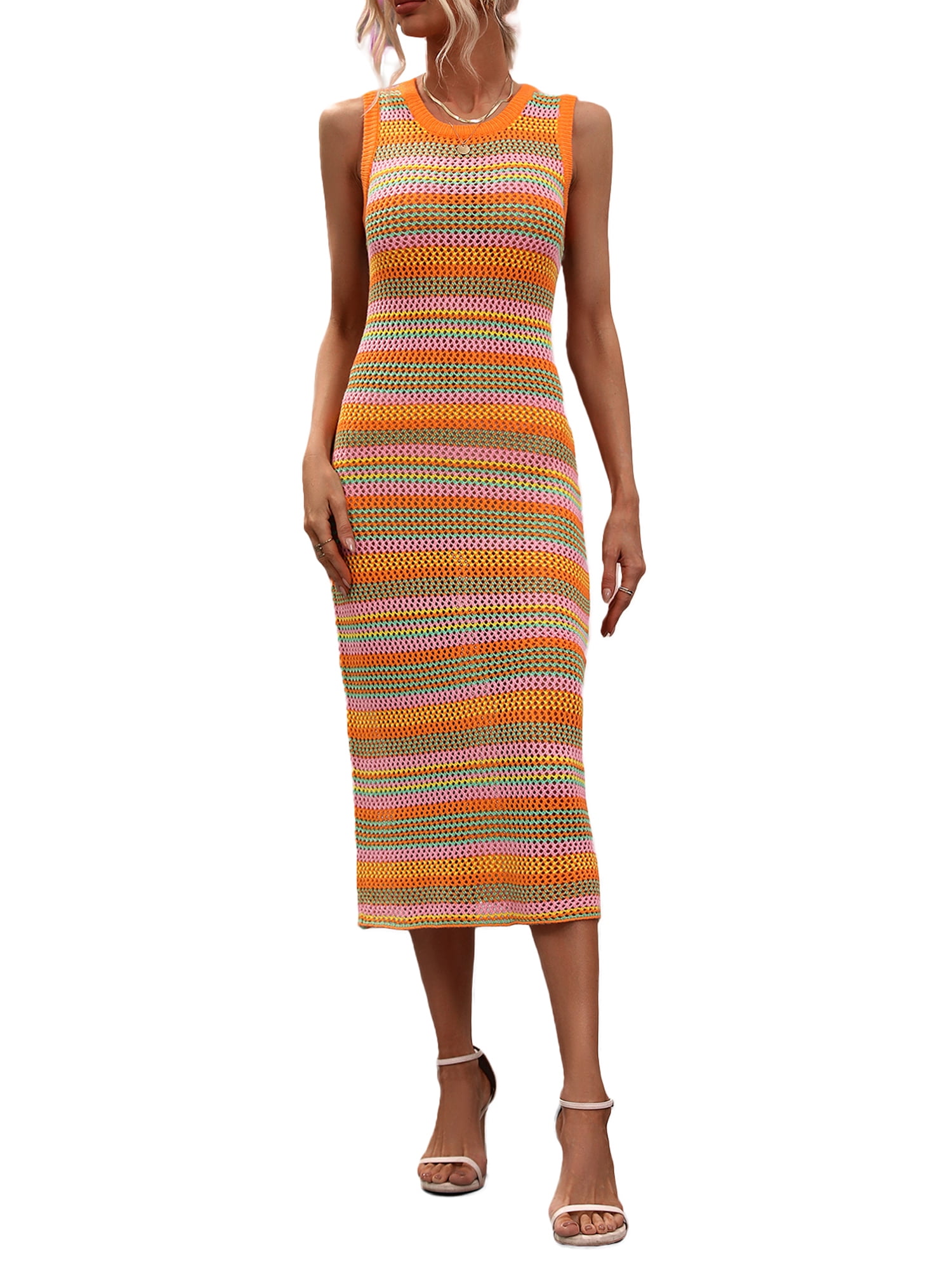 Liacowi Women Summer Crochet Tank Dress Stripes Bodycon Long Dress