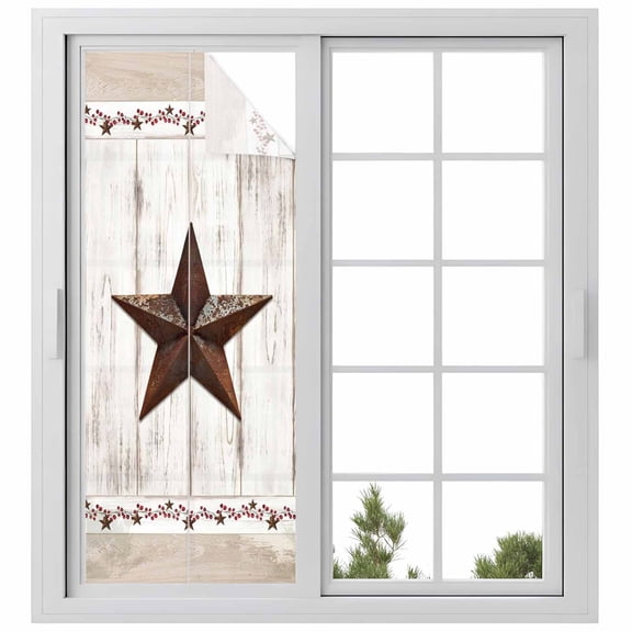Farmhouse Window Privacy Film, Rustic Brown Country Star Barn Berry Wooden Static Cling UV Sun Blocking Heat Control Window Tint Day and Night, Non-Adhesive One Way Windows Privacy Cover 23.6''x59''