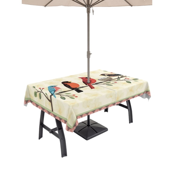 Outdoor Tablecloth with Umbrella Hole for Patio/Picnic/Party/Camping, Rustic Cardinal Bird Waterproof Table Cloth Rectangle Table Cover Washable, Country Leaves Branches Berries Pink (52"x 70")
