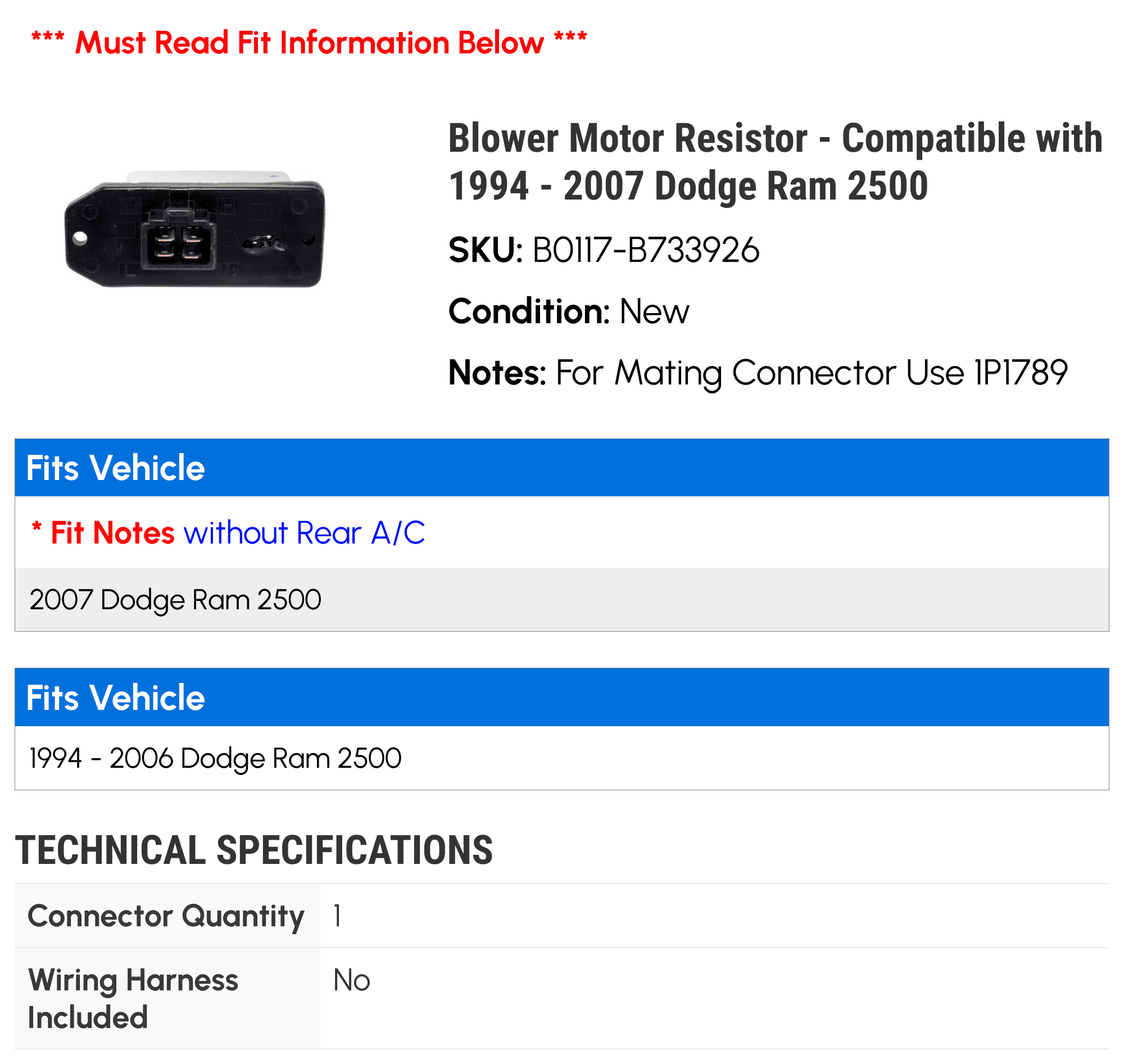 Blower Motor Resistor - Compatible with 1994 - 2007 Dodge Ram 2500 1995 1996 1997 1998 1999 2000 2001 2002 2003 2004 2005 2006