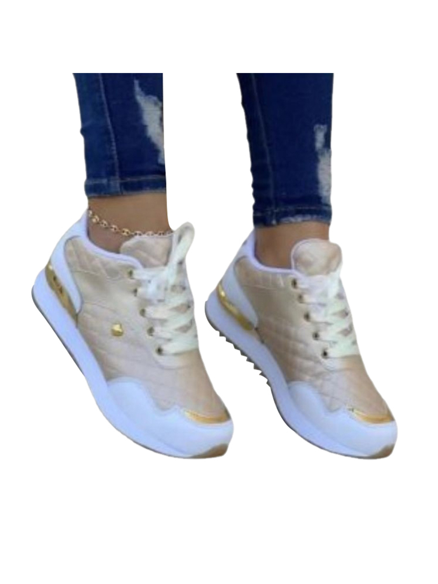 UKAP Ladies Sport Shoes Diamond Sneakers Lace Up Running Shoe Travel  Trainers Non-Slip Athletic Sneaker Apricot 8.5
