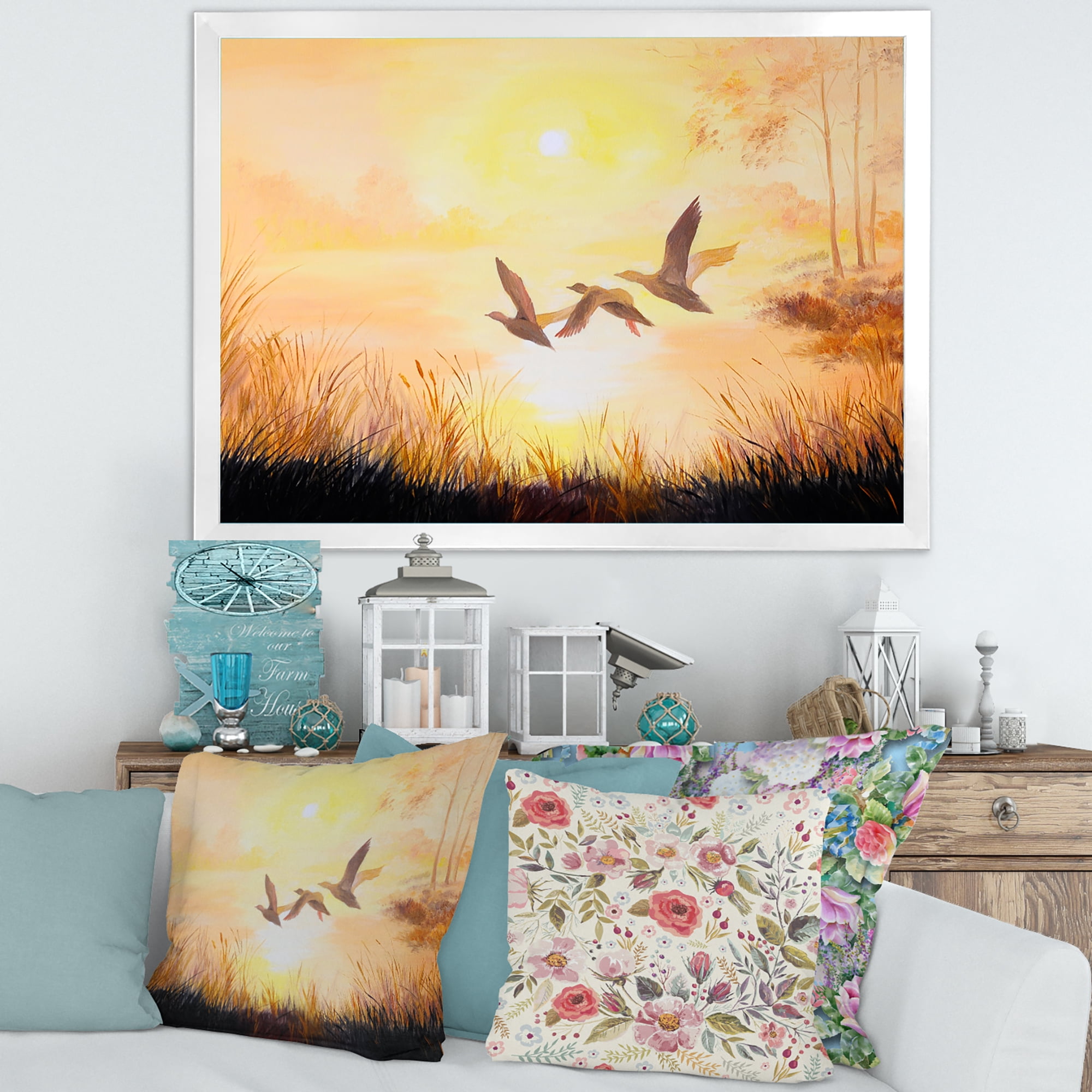 Designart 'Three Cranes Flying Through Warm Sunset' Traditional Framed Art Print