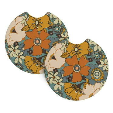 2 Package Car Coasters Drink Absorbable Rubber Base Cup Holder Coasters Non-Slip Coasters Bar Coasters Car Interior Accessories 2.7 Inches Bright Terracotta Flowers Style