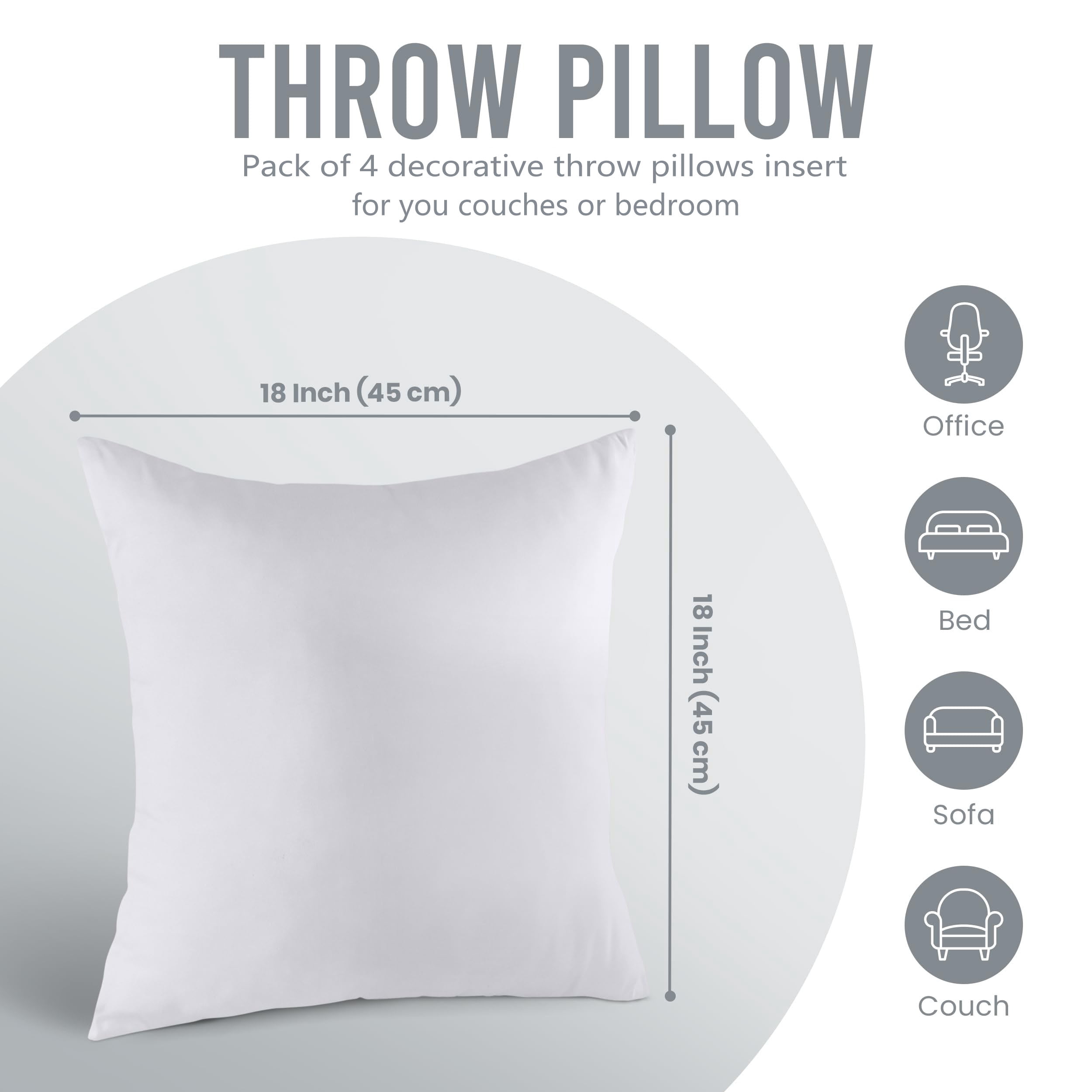 Hongan Throw Pillows Insert (Pack of 4, White) - 18 x 18 Inches Bed and Couch Pillows - Indoor Decorative Pillow Couch Cushion