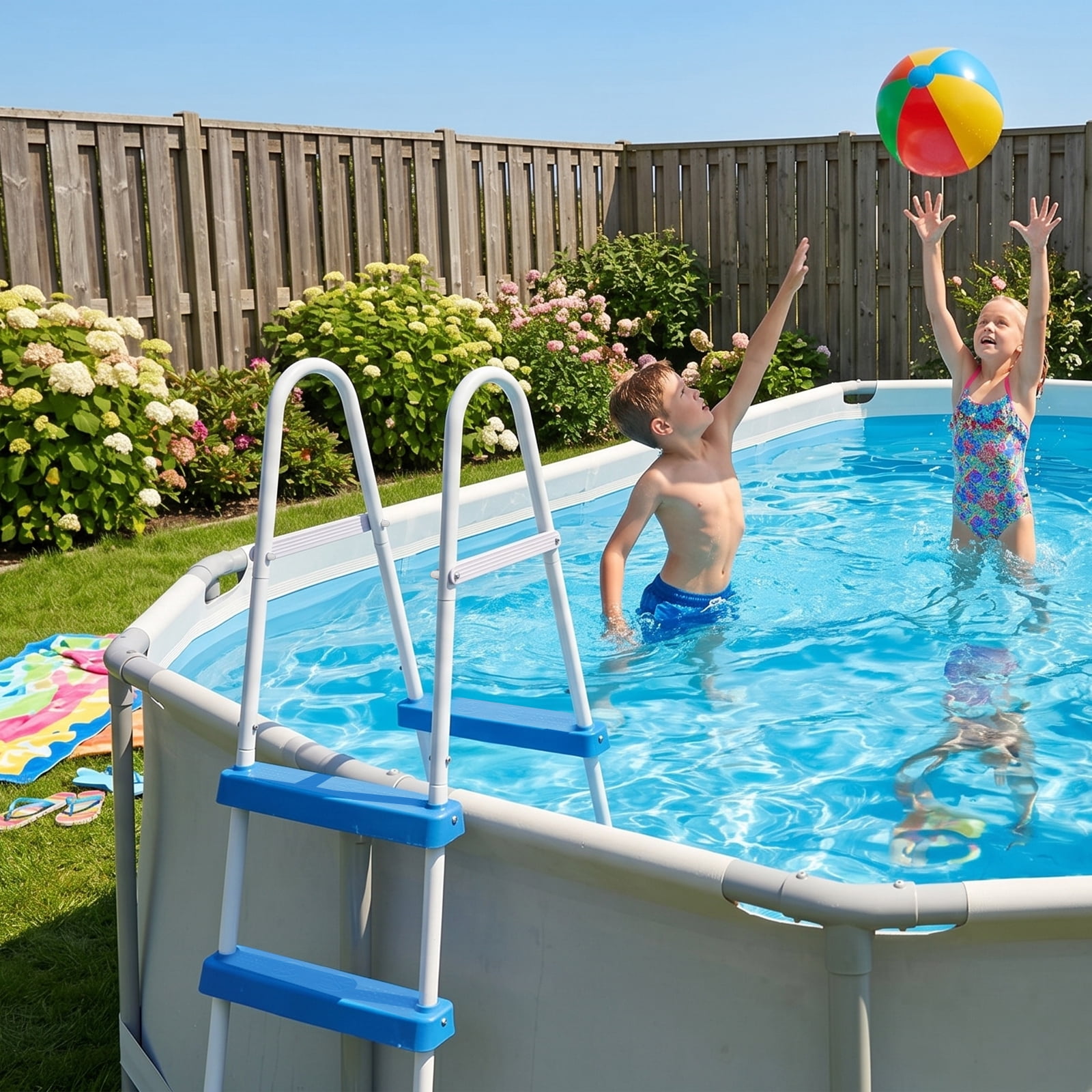 42in 3-Step Iron Pool Ladder, White Frame + Blue Steps