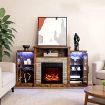 Topcobe Fireplace TV Stand with 16-Color Led Lights for TVs up to 65", TV Furniture for Living Room, TV Stands with Storage, Brown