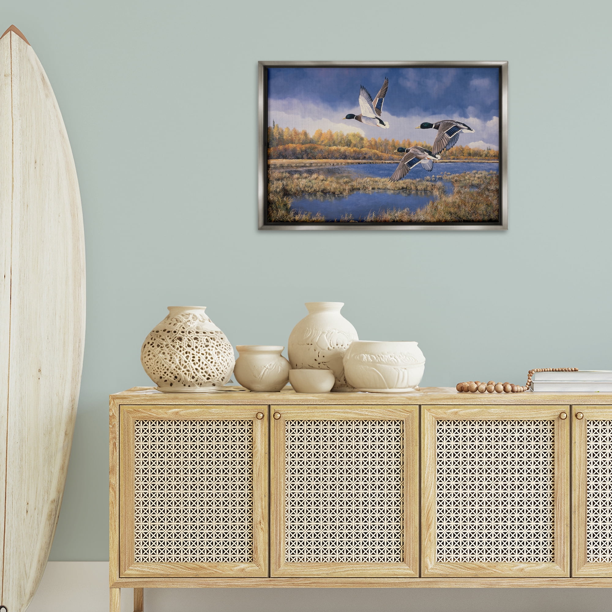 Stupell Industries Ducks Heading South Landscape & Nature Painting Gray Floater Framed Canvas Art Print Wall Art, 31 x 21
