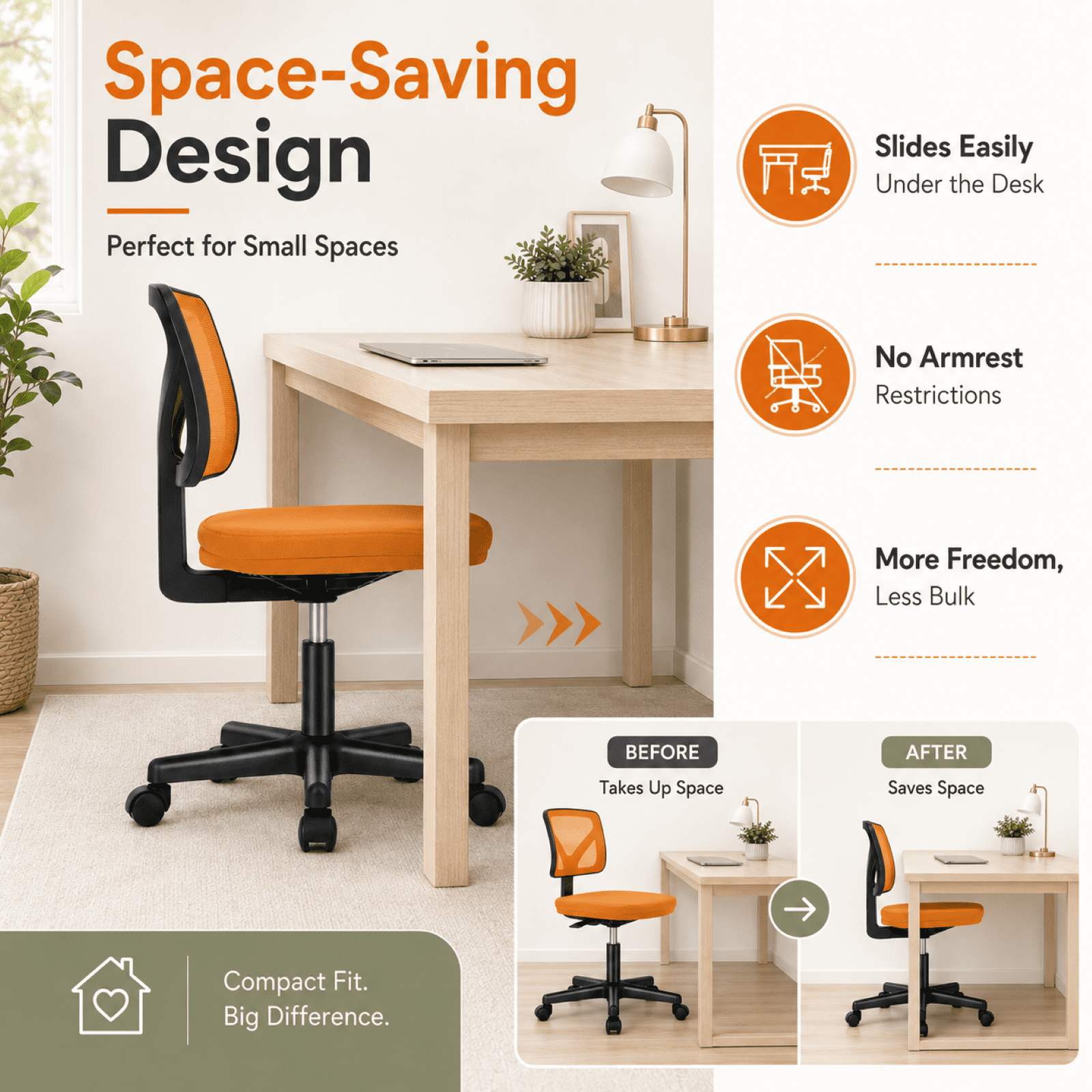 Kelno Small Desk Chair with Wheels Adjustable Computer Desk Chair with Lumbar Support Mesh Ergonomic Low-Back Office Chair, Orange