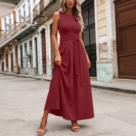 Uootdi Womens Maxi Dresses Sleeveless Round Neck Waist Tie Belted Flowy Long Dresses Formal Dresses Elegant Style Gift