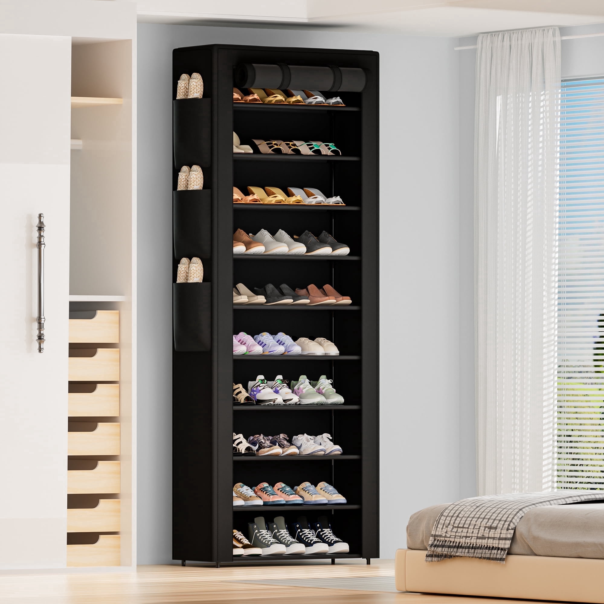 10 Tier Large Dustproof Shoe Cabinet, Tall Shoe Storage Rack with Fabric Cover, Large Capacity Save Space Shoe Shelf for Entryway Closet with pockets