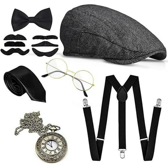 7-Piece Premium Roaring 20s Costume Set, Vintage Bow Tie & Suspenders, Great Gatsby Menswear Accessories for 1920s Party