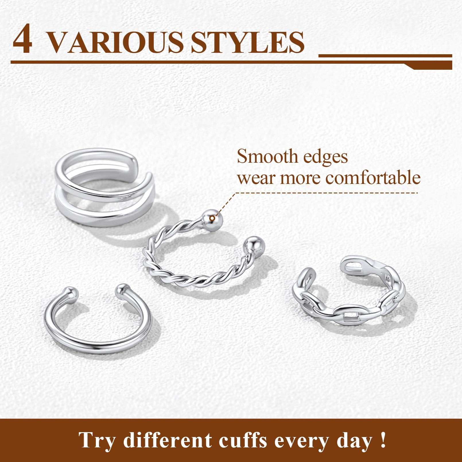 ChicSilver 4Pcs Ear Cuffs for Non-Pierced Ears, Various Styles Women Sterling Silver Cartilage Clip On Fake Earrings Jewelry Gift