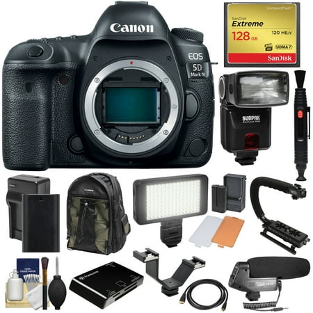 Canon EOS 5D Mark IV 4K Wi-Fi Digital SLR Camera Body with 128GB CF Card + Battery & Charger + Backpack + Flash + LED Video Light + Microphone + Kit