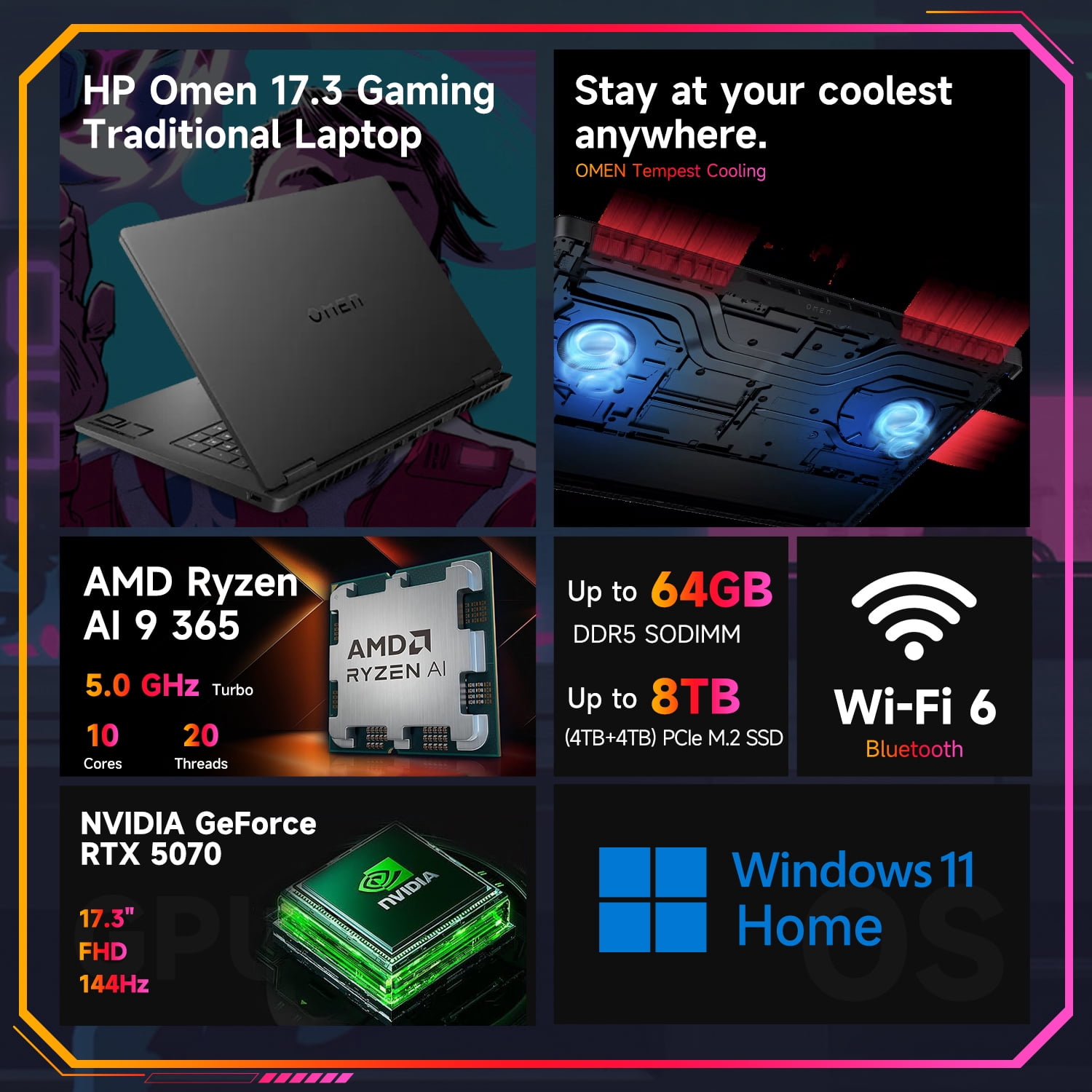 HP Omen 17.3" FHD 144Hz RTX 5070 Gaming Laptop, AMD Ryzen AI 9 365, 16GB RAM, 1TB SSD, Wi-Fi 6, Black