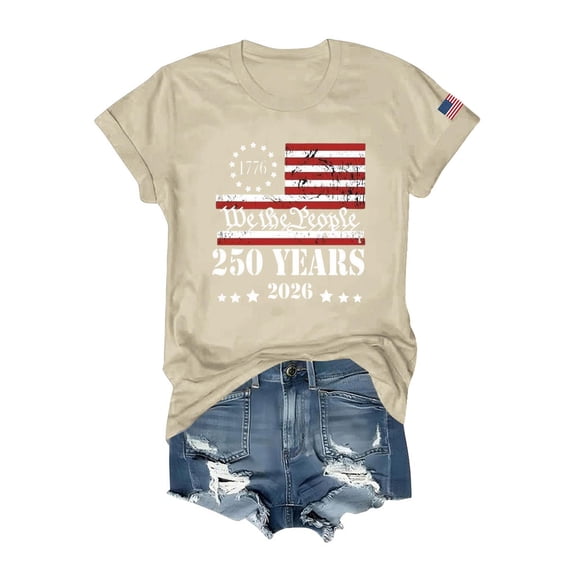 Womens 250 Years 2026 We The People Print Short Sleeve Crew Neck T Shirt Casual Loose Fit Top Tee Beige L