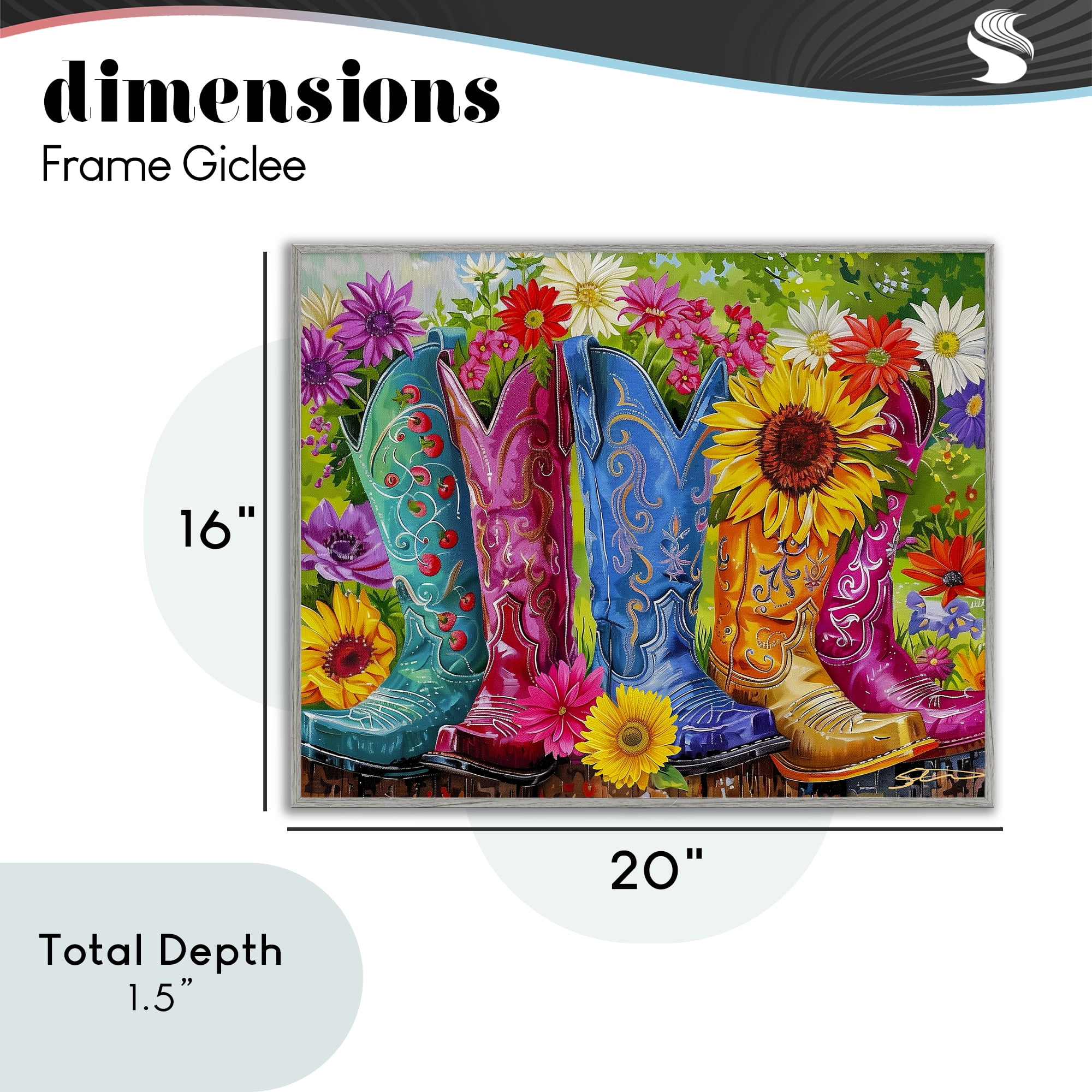 Cowboy Boots and Sunflowers Gray Framed Giclee Art, design by Shawna Stewart