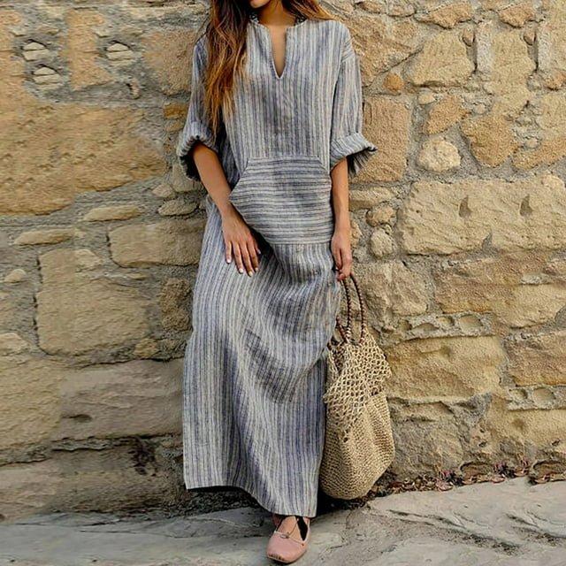 AMERTEER Robe d'Été pour Femmes Nouvelle Robe Longue Ample en Coton et Lin Teinte à Rayures Gris G