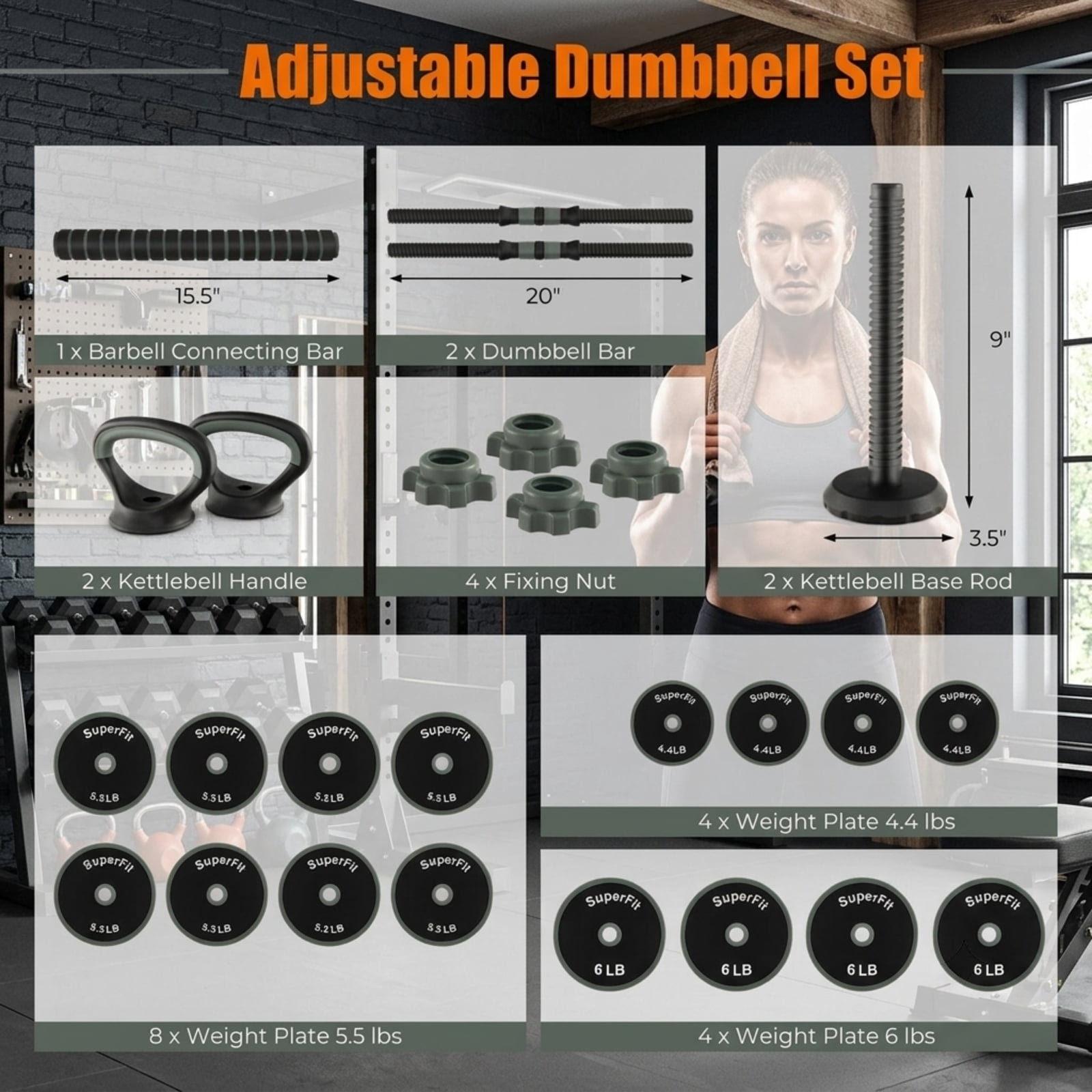 Airfind 4 in 1 Adjustable Dumbbell Set with Barbell Kettlebell Conversion and Foam Grip Handles for Full Body Home Gym Strength Training, Black