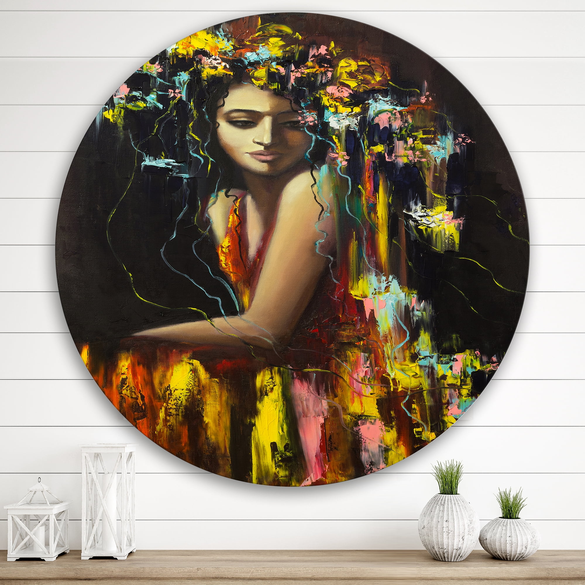 Designart 'Modern Portrait Of A Young Girl' Modern Circle Metal Wall Art 29x29 - Disc of 29