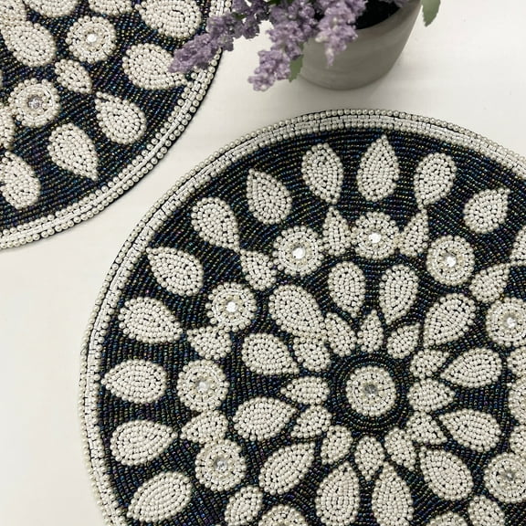Set of 6, Handmade placemat, beaded round table placemat, 14 inch