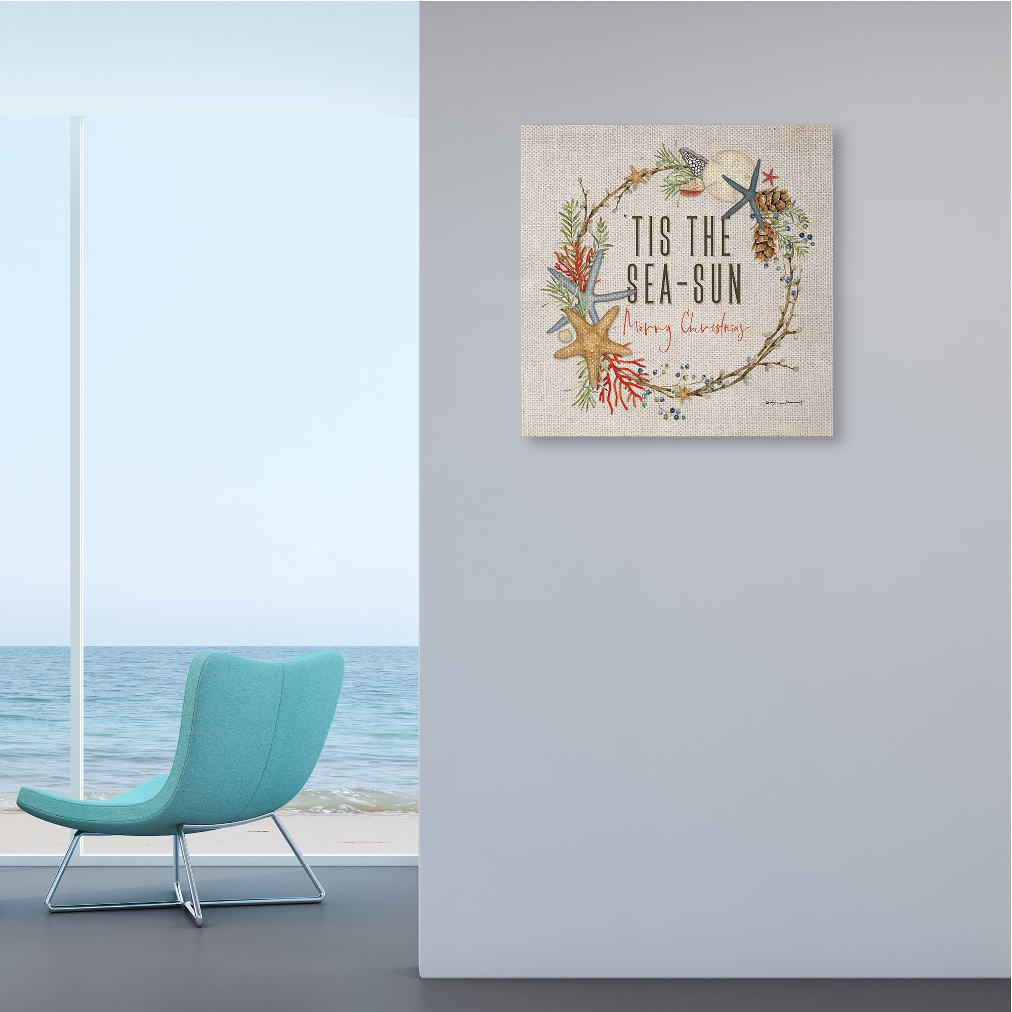 Stupell Industries Tis the Sea-Sun Nautical Christmas Wreath Nature Painting Gallery Wrapped Canvas Art Print Wall Art, 24 x 24