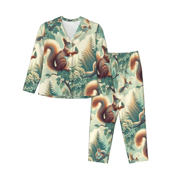Honeii Forest squirrel surreal Print Women's Pajama Sets Long Sleeve Button Down Sleepwear Nightwear Soft Pjs Lounge Sets 2PCS-Small