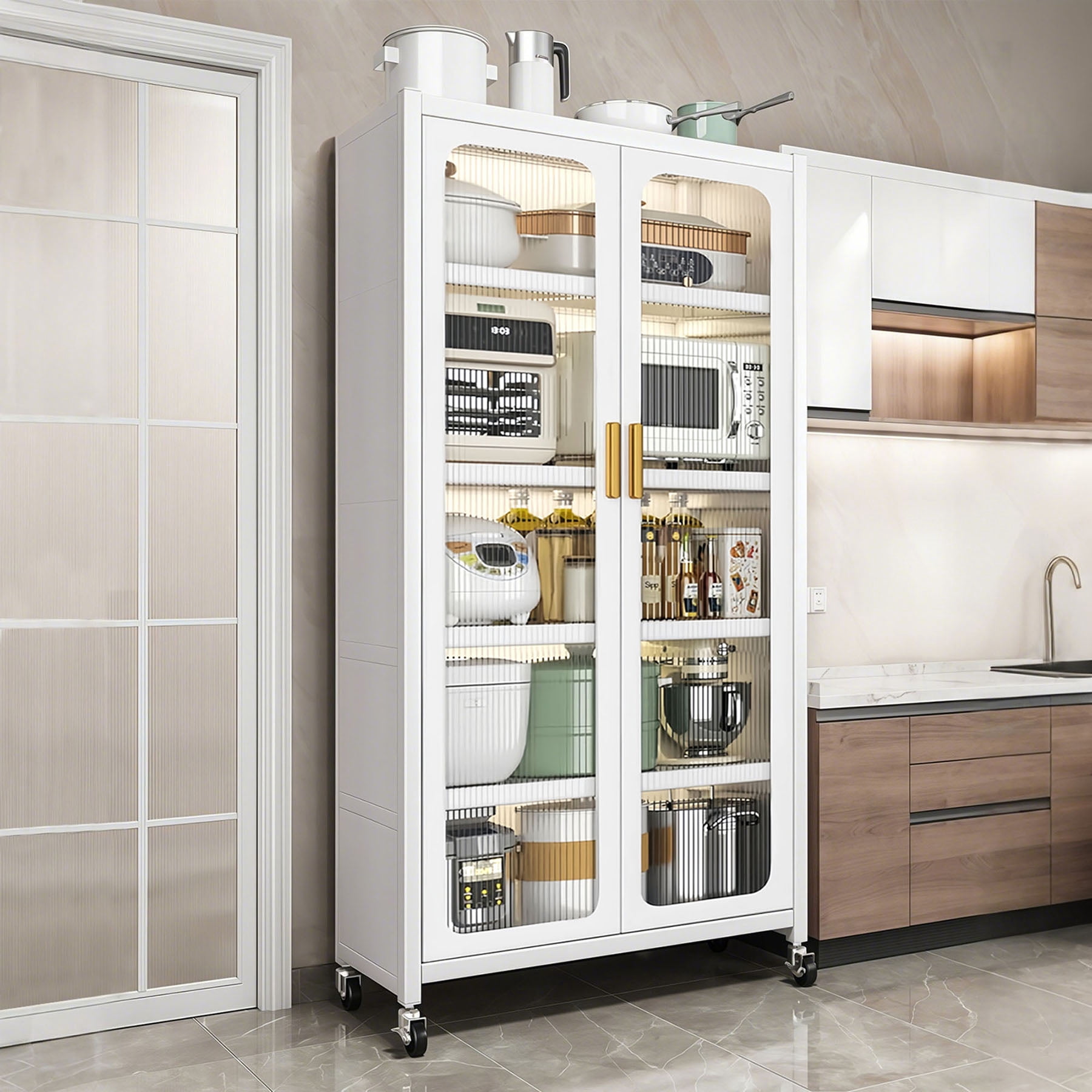 S-HOME 65 Inch Kitchen Pantry Storage Cabinet, White Metal Display Storage Cabinet with Wheels, Adjustable Shelves for Home