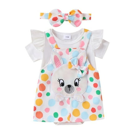 

Co.MMehjri Baby Girl Easter 3Pcs Outfit 3 6 9 12 18 Months Infant Clothes Short Sleeve Romper with Dot Print Bunny Embroidery Overall Dress and Bow Headband