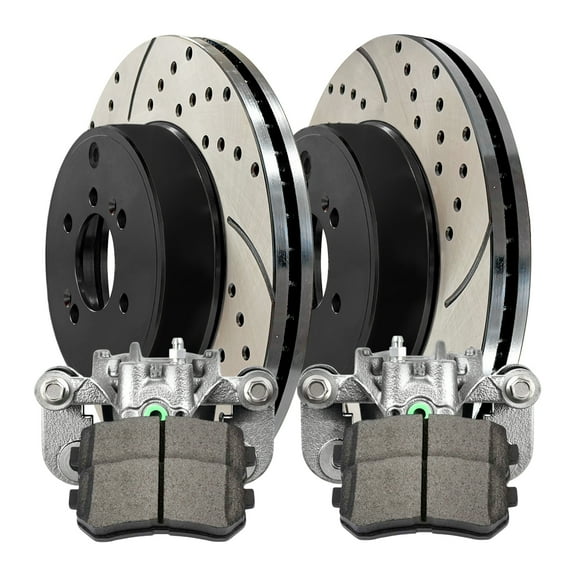 AutoShack Rear Drilled & Slotted Brake Rotors Ceramic Brake Pads Calipers | Replacement for 2011-2016 Kia Sportage 2010-2015 Hyundai Tucson 2.4L AWD | E-Coated | 8-PC Brake Kit | ShadowGuard