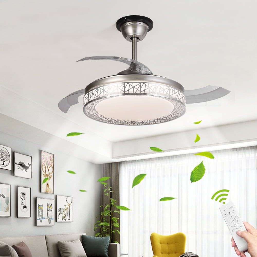 Silver Color with Silent Motor Moerun 42Inch Modern Ceiling Fan with Light Remote Control Retractable Blades 3 Speeds 3 Colors for Living Room Bedroom Restaurant 42In-1 