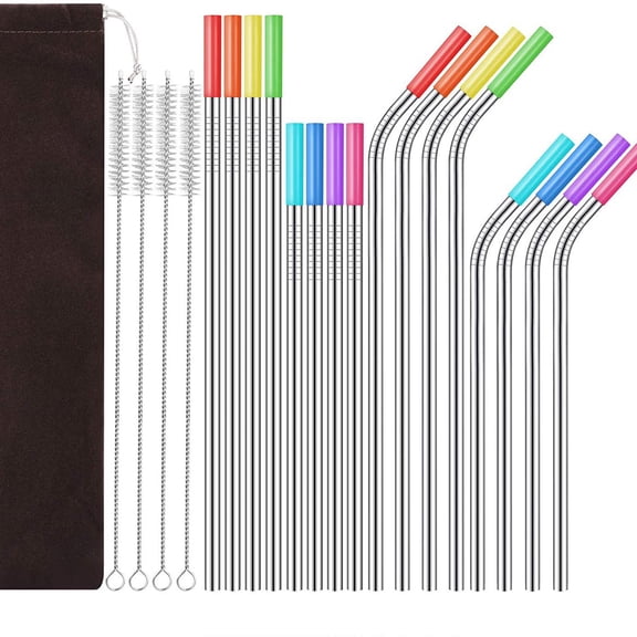 Set of 16 Reusable Stainless Steel Straws with Travel Case Cleaning Brush Silicone Tips Extra Long Metal Straws Drinking for 20 24 30 oz Tumbler