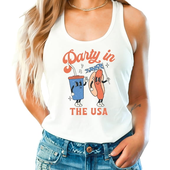 Retro 4th of July Cartoon Hot Dog and Drink Tank Top for Women and Teens Patriotic Shirt White Tank Top Small