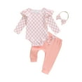thumbnail image 2 of Musuos Baby Girl Fall Outfits 3M 6M 9M 12M 18M Checkerboard Print Long Sleeve Romper Solid Color Long Pants Headband 3Pcs Clothes Set, 2 of 9