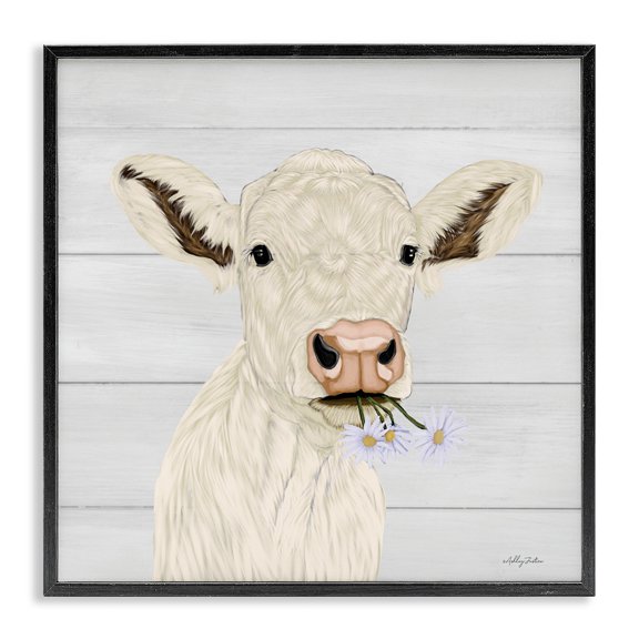 Stupell Industries Farmhouse Opal Baby Cow Portrait Black Framed Giclee Art, 12 x 12, by Ashley Justice