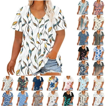 Horkkom Short Sleeve Shirts for Women Plus Size Floral Print V Neck Tunic Top Summer Casual Trendy Blouses