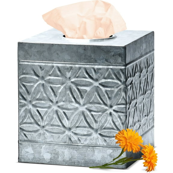 Autumn Alley Galvanized Tissue Box Cover Square, Tissue Box Cover, Tissue Holders for Bathrooms, Bedroom, Kitchen with Embossed Pattern Tissue Holders Decorative, Rustic, Galvanized