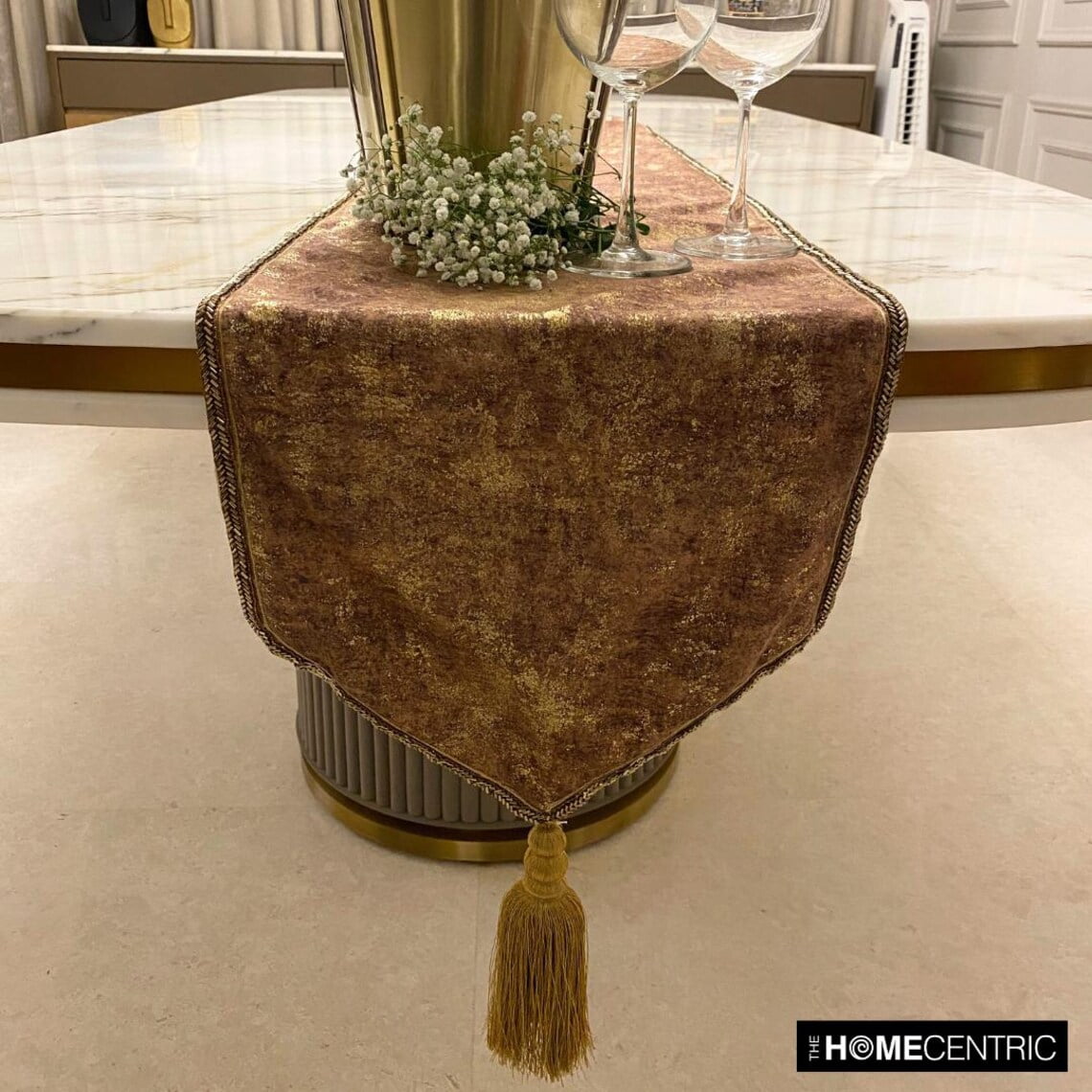 The HomeCentric Decorative Gold Table Runner 6 Seater Table Runner (14 x 72 inch) Foil, Tassels, Suede fabric Table Linen, Abstract Pattern Modern Style - Shimmer Fest Gold