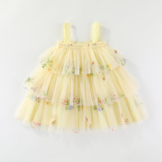 Robe Bébé Fille Robe d'Été Sans Manches en Maille avec Broderie Fraise Robe de Fête Princesse Robe Nouveau-Né Jaune 4 Ans-5 Ans