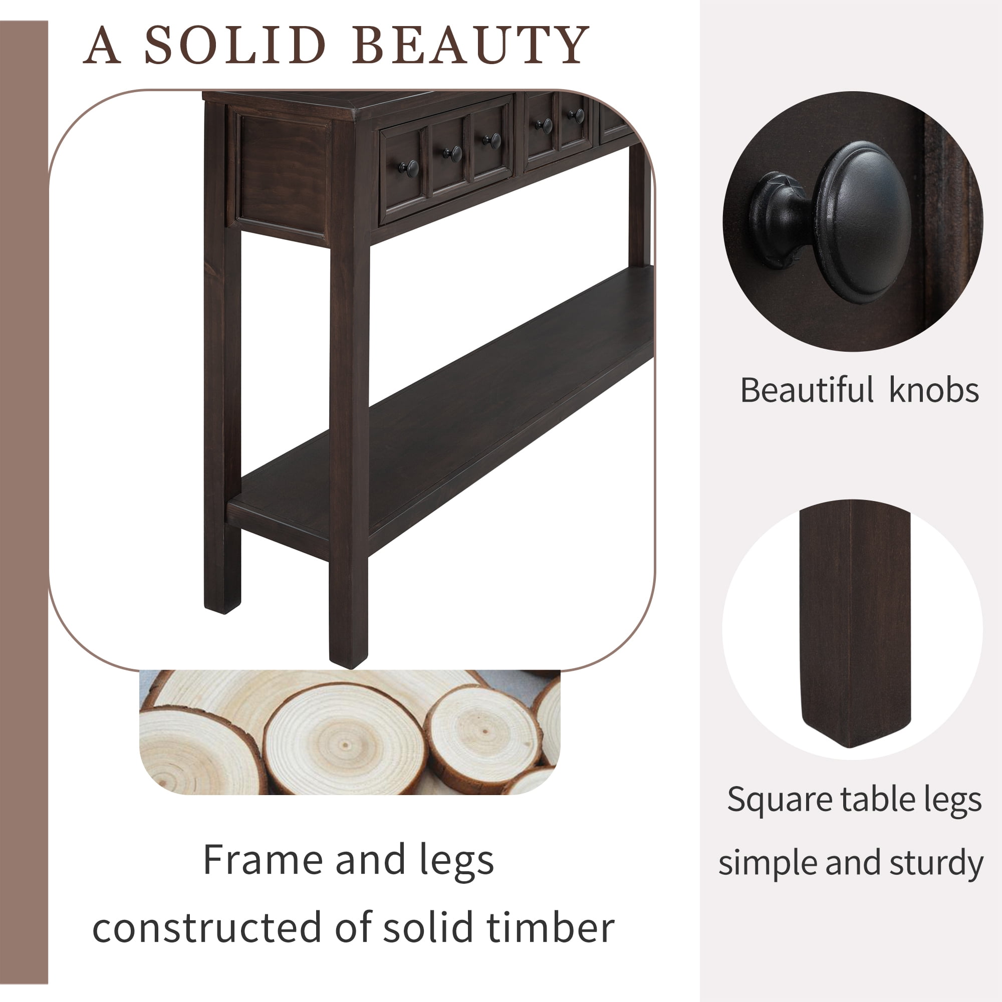 EUROCO 60" Rustic Console Table Sofa Table, Entryway Wood Table with 4 Drawers and Bottom Shelf for Storage, Espresso