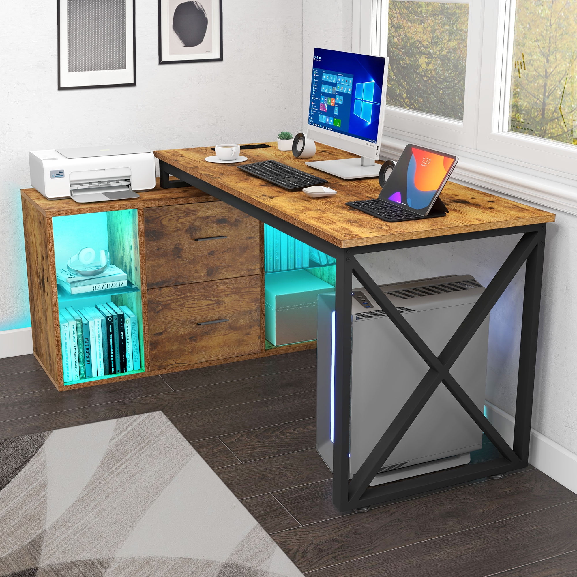 Dextrus L Shaped Desk with LED Light & Power Outlets, 55 inch Reversible Corner Desk with File Cabinet & Storage Shelves, Computer Desk Office Desk Writing Desk, Brown